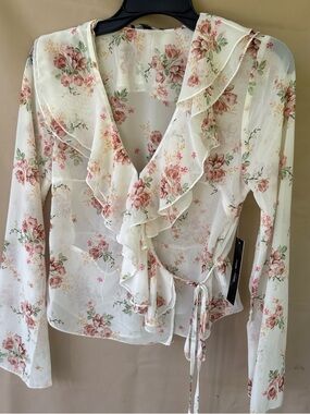 Moa Moa Cream Floral Ruffle Wrap Blouse